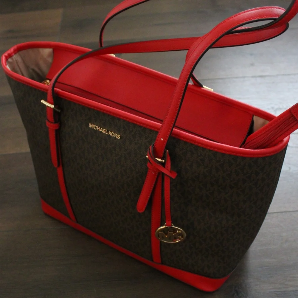 Michael Kors Red Trim Signature Tote Bag - Picture 3 of 11